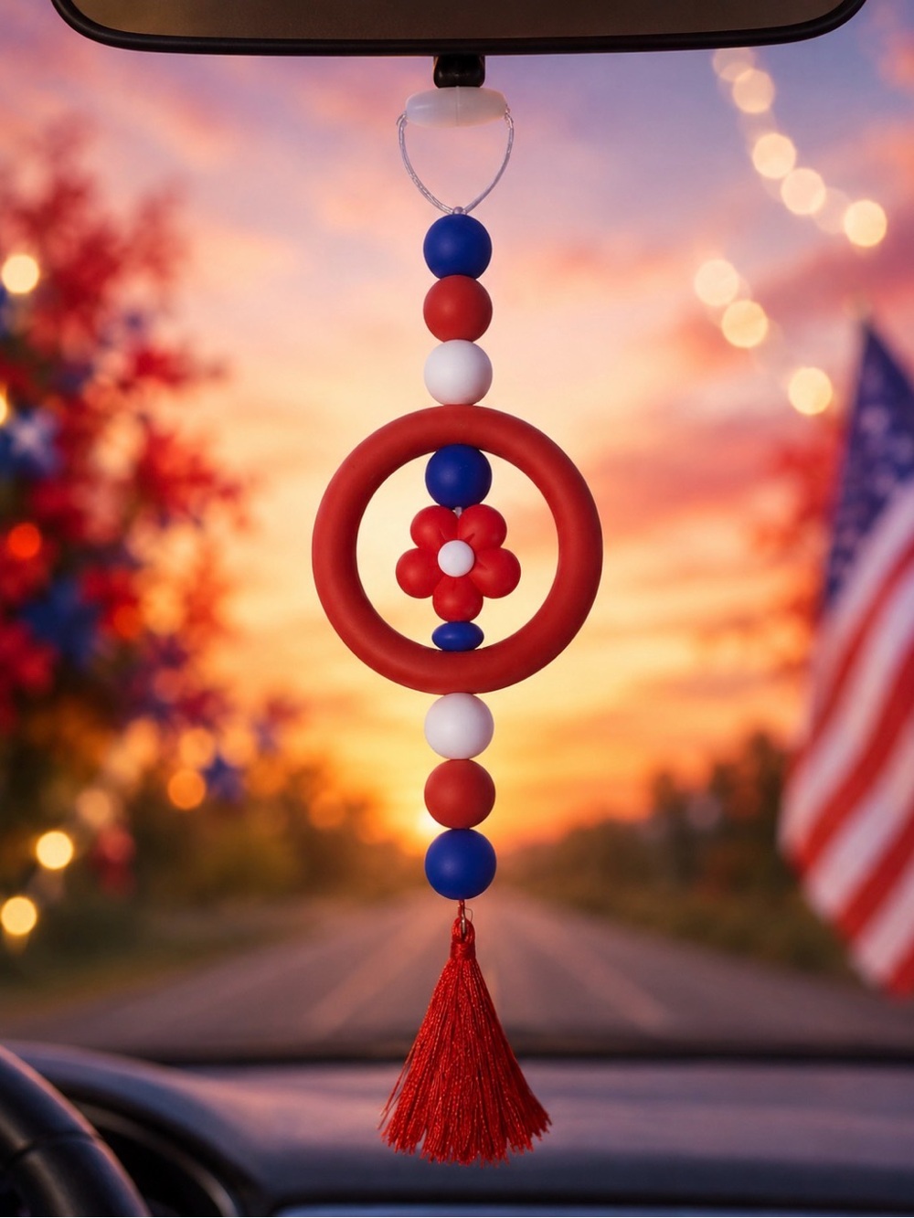 Hand Crafted Red White Blue Beaded Hanging Ornament with Tassel